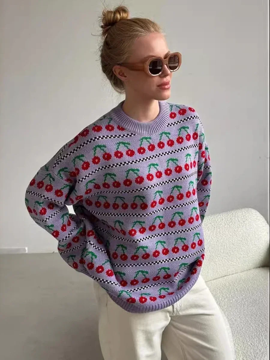 

New Fashion Women's Round Neck Cherry Printed Sweater Autumn Winter New Mid Length Fashion Top Retro Knitted Sweater Pullover