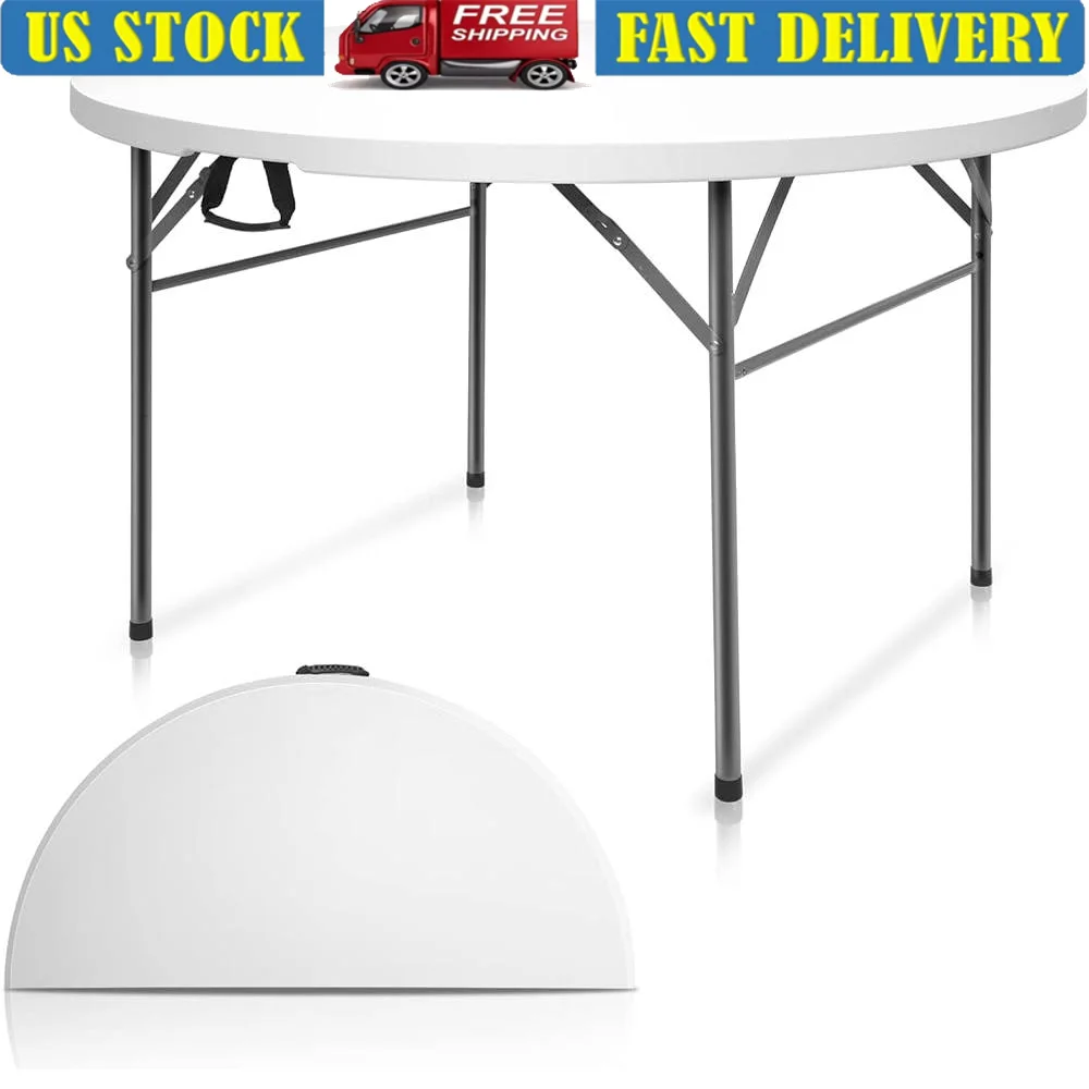 

48 Inch Round Bi-Folding Table Portable Plastic Dining Table Outdoor Indoor Party Wedding Event High Capacity Easy Storage