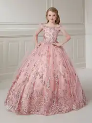 Gorgeous Pink Glitter Sequins Decals Tulle Flower Girl Dress Princess Ball First Communion Dresses Kids Birthday Present Gowns