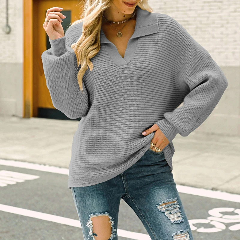 Fashion Long Sleeved Solid Color Knitted Top Fashion Casual Sweater Loose Pullover Jumpers Lapel Tops Spring Autumn 2024 New