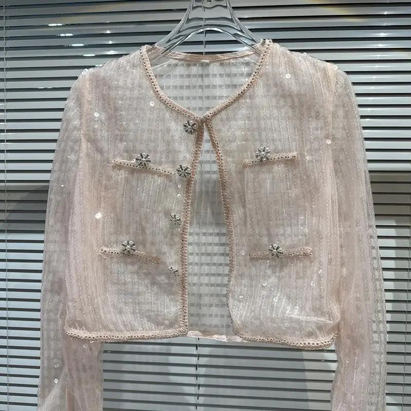 2024 Spring Summer New Sequin Shoulder Pad Sun Screen Short Coat Women White Black Pink Jacket