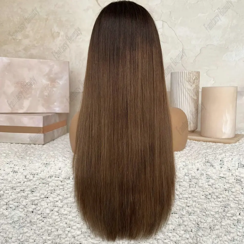 Long Silk Straight 1x4 Size U Part Wig Human Hair for Black Women Ombre Light Brown Adjustable V Part Wigs Remy Indian Hair Wig