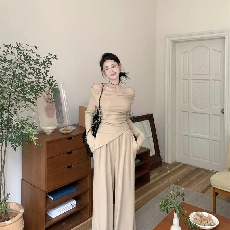 Elegant Shoulder Bared Long Sleeve Women's Outfit Two Piece Set Autumn Winter Fashionable Wide Leg Pants High Quality Polyester