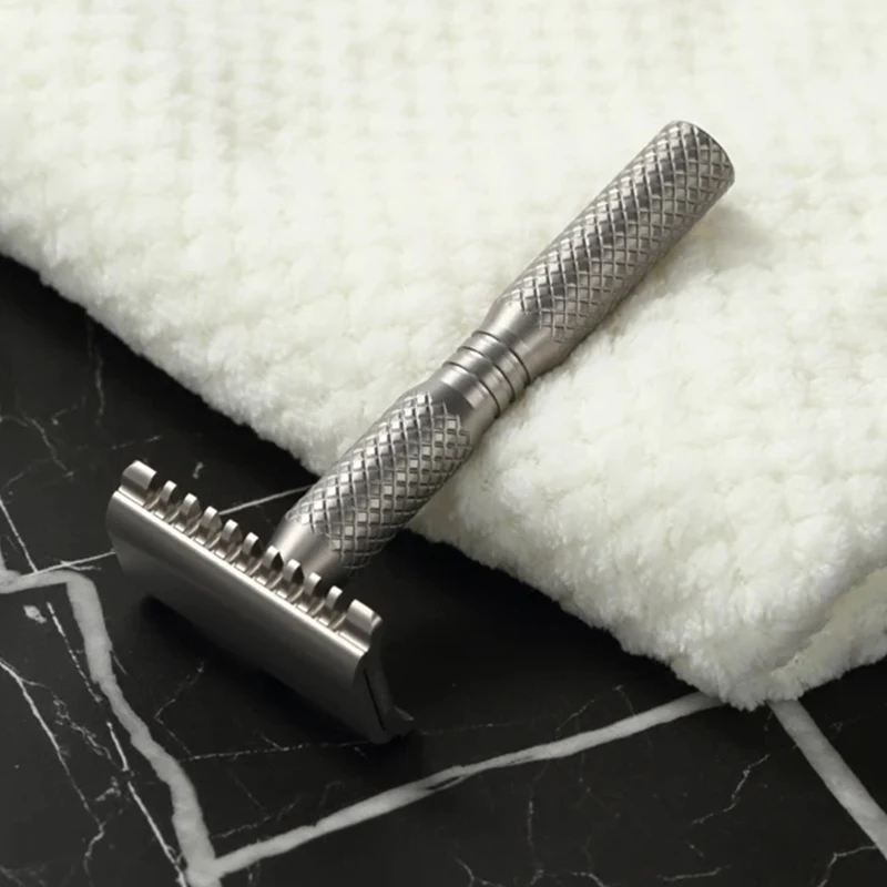 YAQI New Men's Ghost 90DC Cross Grain Pattern Titanium Light Weight Safety Razor High Quality Professional Face Clearance Tool view 6