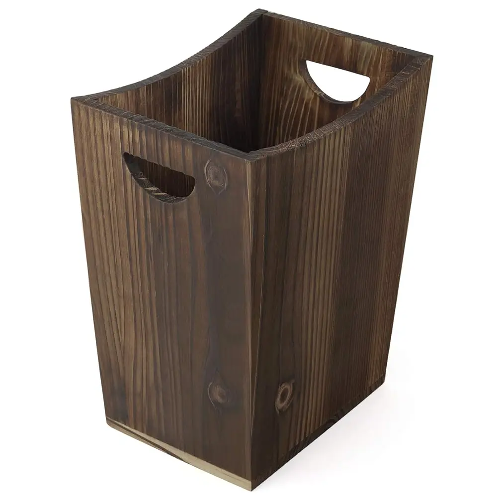 

Trash Can Wastebasket Torched Wood Waste Basket Bin, Rustic Garbage Container Bin for Kitchen, Bedroom, Office, Living Room