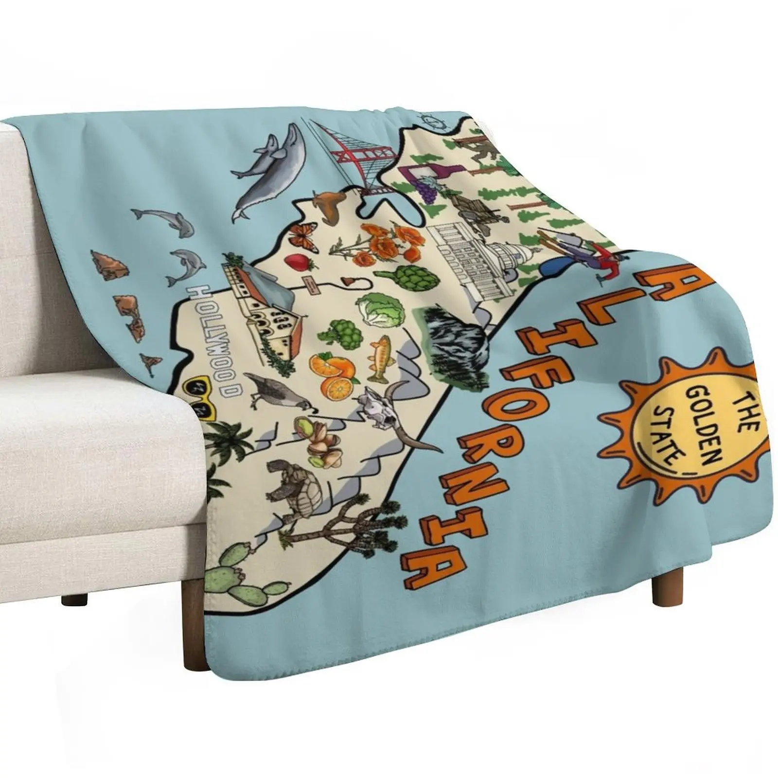 California State Map with Colorful Pictures Throw Blanket Plaid heavy to sleep Hairys Bed covers Luxury Brand Flannel Blankets
