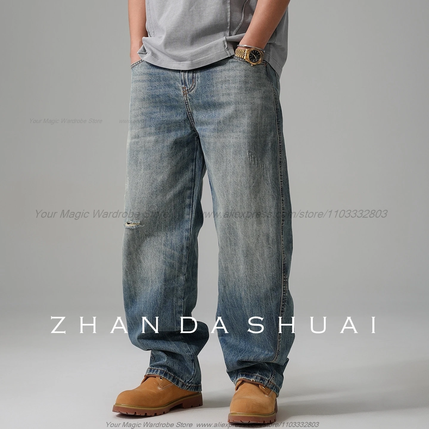Vintage Distressed Post-Apocalyptic Wasteland Style Ripped Jeans Men's Straight Loose All-Match Textured Wide-Leg Pants Fashion