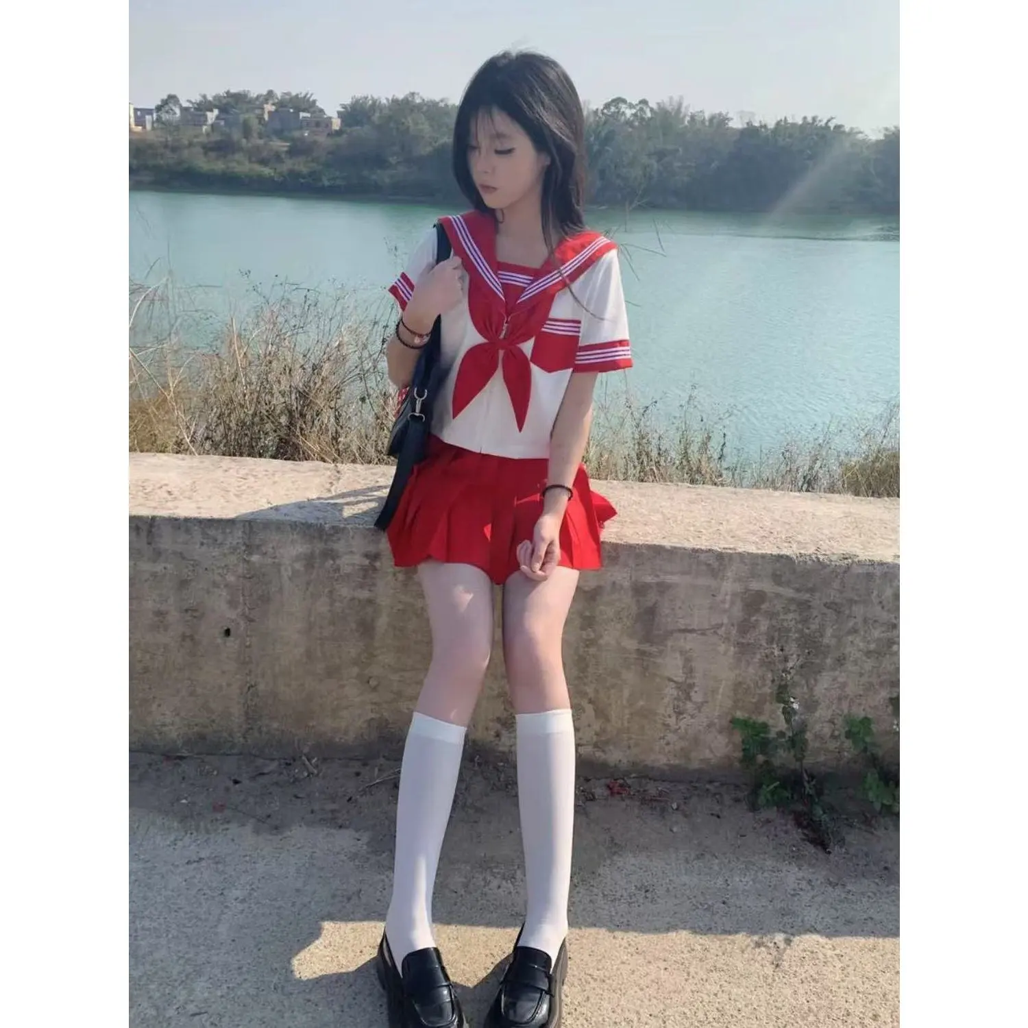 

plus Size Red JK Uniform Set Women's Short Sleeve Shirt And Skirt Outfit Casual Style Four Seasons Wearable V-Neck Polyester