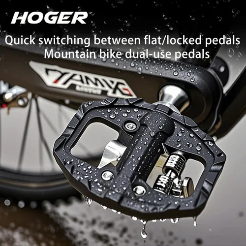 Imagen 1 del producto Pedales de bicicleta de montaña HOGER SPD, 3 rodamientos sellados, pedales de ciclismo de aluminio planos y con cerradura doble sin clip con accesorio de nailon