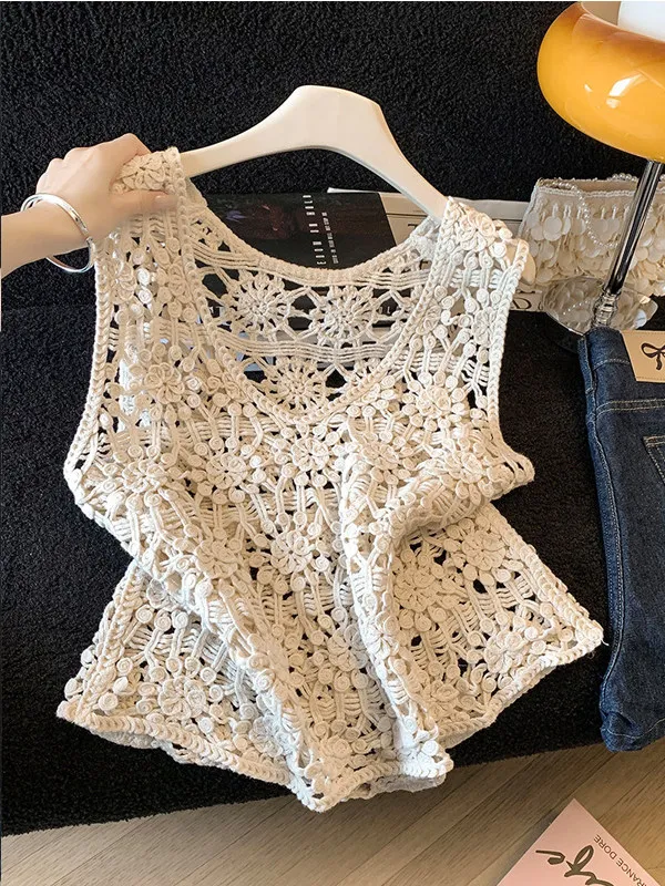 Women's Knitted Hollow out Hook Flower Vest Sleeveless Summer Outerwear Inner Match Base Layer Overlap Strap Super Beautiful Top