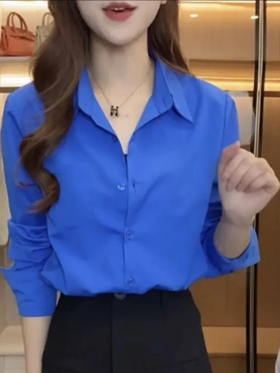 

Элегантная красивая женская рубашка цвета Кляйн синий, тонкая, стильного дизайна, повседневная, модная, дышащая, влагоотводящая, с длинным рукавом...