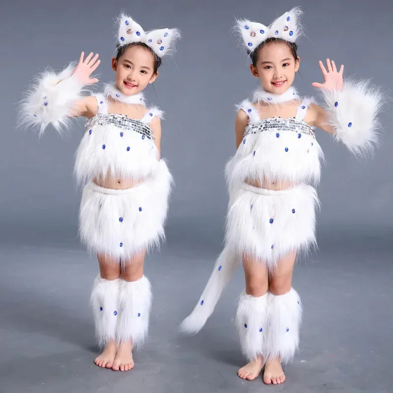 

2Colors White Cat Cosplay For Girls Halloween Costumes Animal Dance Costumes For Children Performance Show Role Play Party