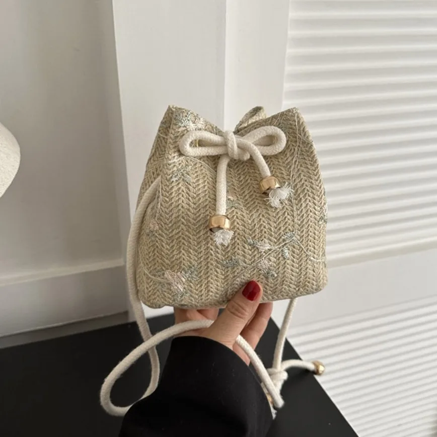 Flower Pattern Weave Crossbody Bag Practical Beige Khaki Drawstring Straw Bag Soft Flower Embroidery Bucket Bag Daily