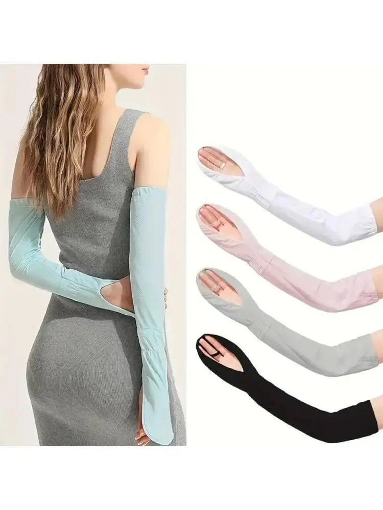 AliExpress NONE Ice Silk Arm Sleeves with Hand Cover, Breathable Non-Slip Sun Sleeves for Women, Driving, Cycling, Outdoor Sports