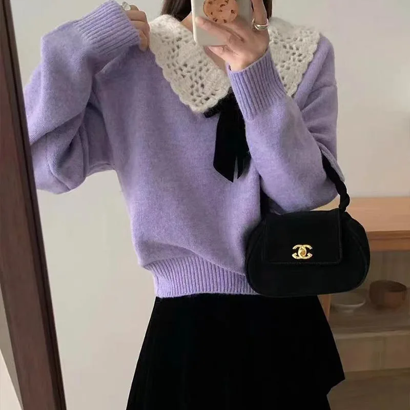 

Women Clothing Fashion Chic Hollow Out Turn-down Collar Sweaters Simple Solid Bow Pullovers Autumn Winter Vintage Loose Wool Top