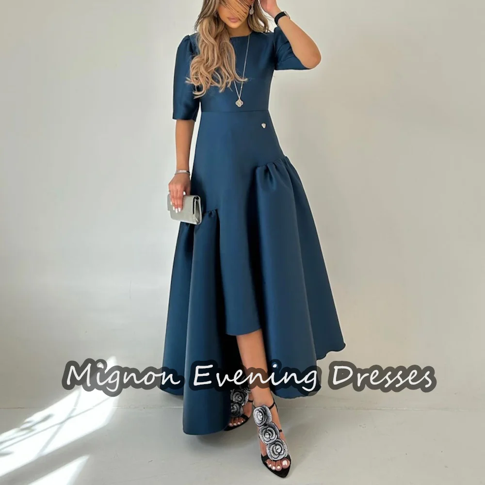 

Mignon Satin A-line O-neck Ruffle Half Sleeves Elegant Prom Gown Pleats Ankle Length Evening Party Dress for Women 2024