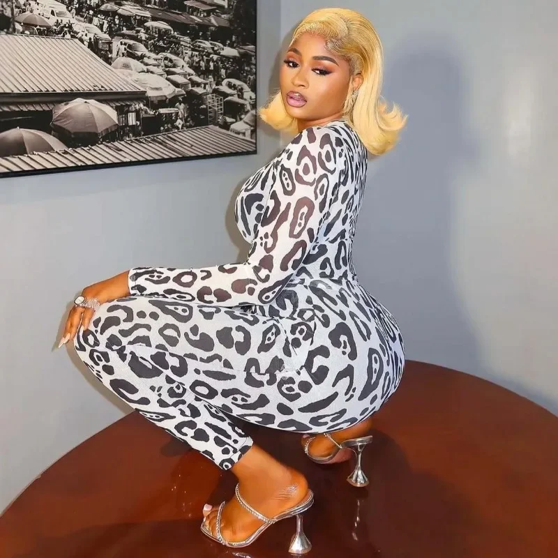 레오파드 프린트 시스루 투피스 세트 여성 섹시 O넥 긴팔 티셔츠 탑 + 하이웨이스트 레깅스 팬츠 나이트 클럽웨어 슈트