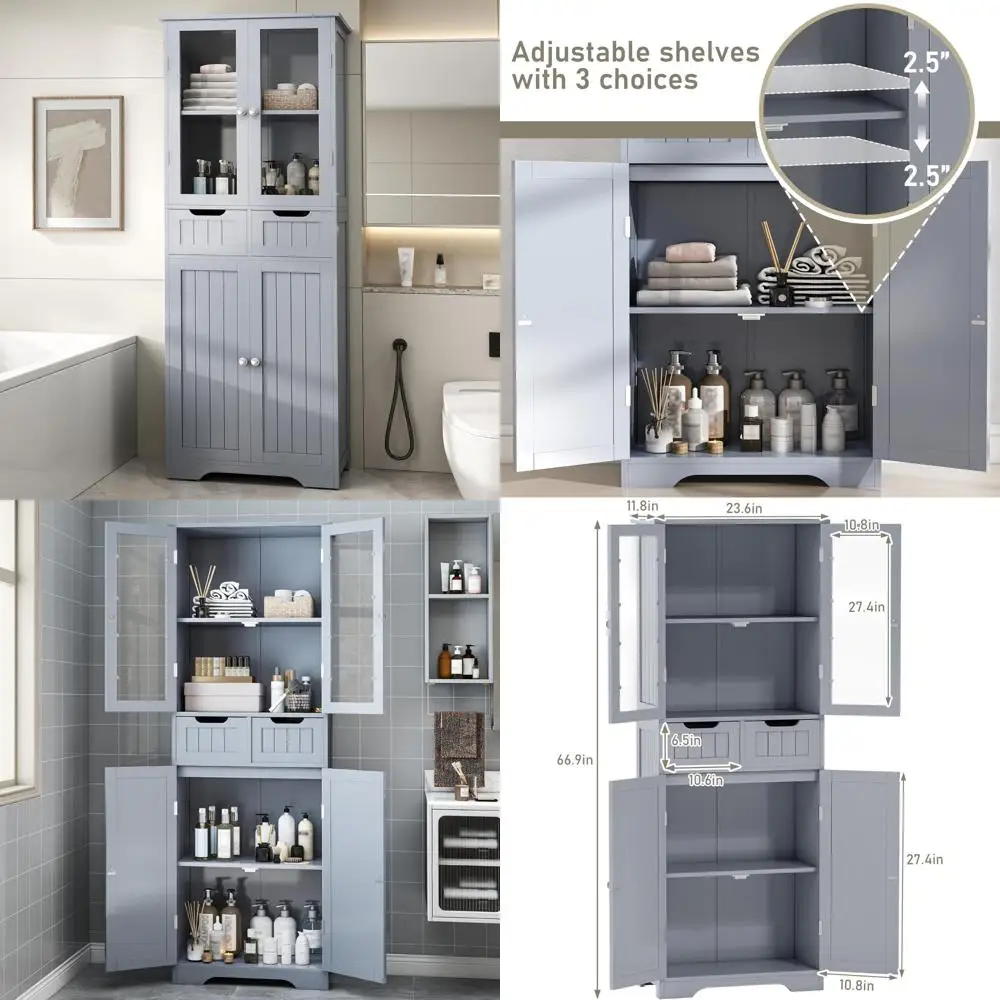 67-Inch Tall Freestanding Bathroom Cabinet with Glass Doors and Shelves, Large Storage Pantry with 2 Drawers for Linen