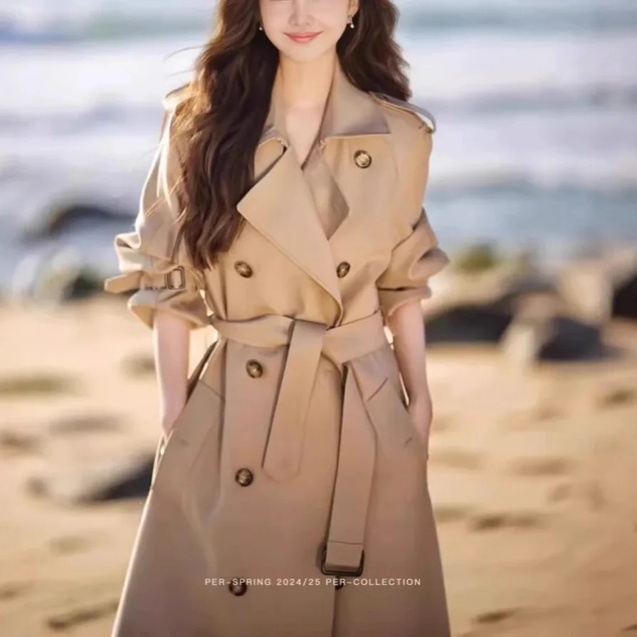 

Женский плащ цвета хаки, весна-осень 202, новая средней длины куртка в британском стиле для миниатюрных дам