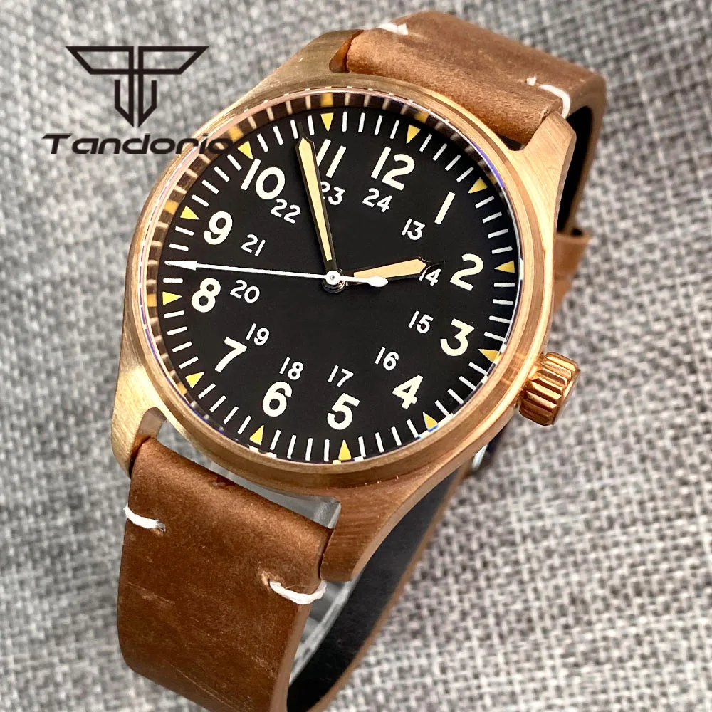 Tandorio Real Cusn8 Bronze Luxus 200M Diver Automatik Herrenuhr NH35 PT5000 Saphirglas Leder Schraubkrone Grün leuchtend