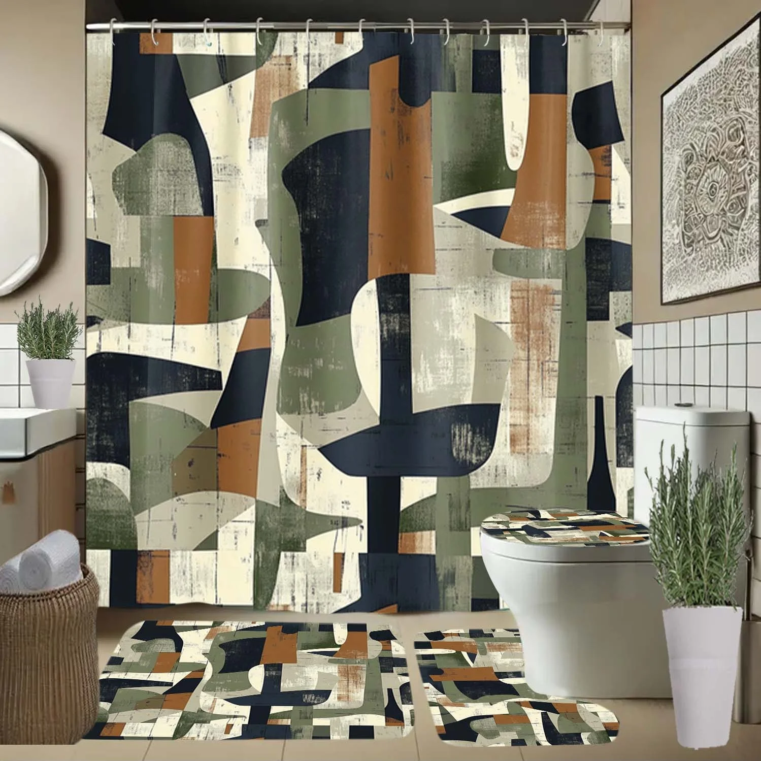 

4pcs Green, Orange, Geometric Pattern Shower Curtain with Hooks, Bathroom Partition Curtain, Bathroom Accessories, Home