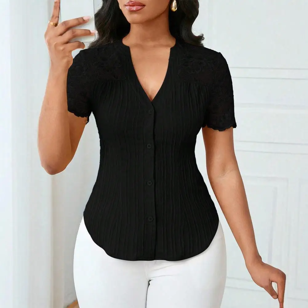 

2026 Fashionable and versatile single breasted solid color slim fit embroidered hollow short sleeved top Lace Splicing Shirt