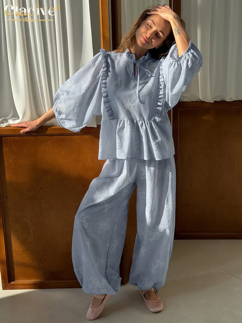 

Clacive Fashion Loose Blue Cotton Women Two Pieces Set Casual Long Sleeve Shirt With High Waist Wide Pants Set Female Clothes