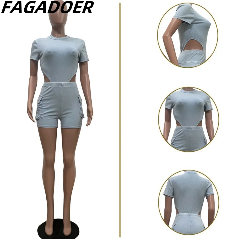 FAGADOER Quality Rib 2 Piece Outfits Women Stretchy Skinny Bodysuit Top Pockets Shorts Suits Casual Matching Sets 2024 Trendy