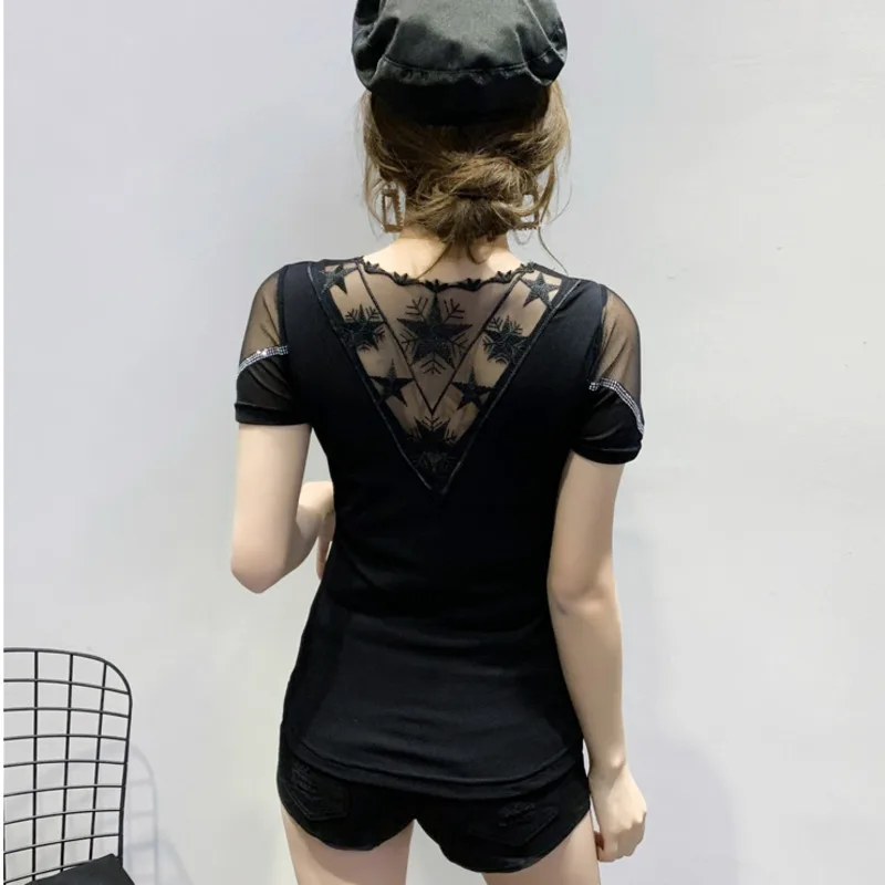 #5120 Black Blue Backless Sexy Spliced Gauze Top Skinny T Shirt Women V Neck Tee Shirt Femme With Diamonds Korean Style Summer