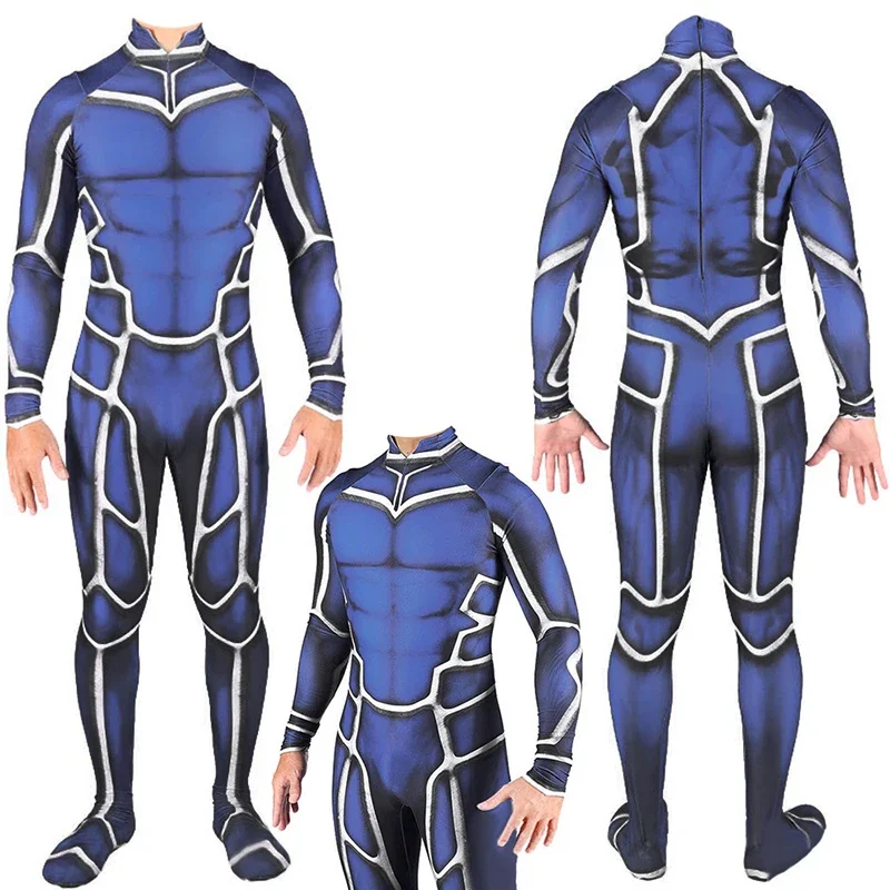 Anime Fate/Stay Night Lancer Cu Chulainn Jumpsuit Cosplay Costume Adults Unisex Fullbody Zentai Lycra Blue Tight Bodysuit