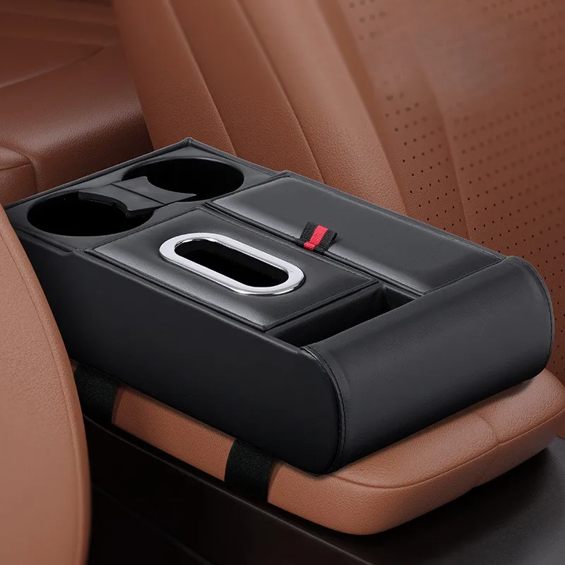 

Leather Car Armrest Storage Organizer with Dual Cup Holders Phone Holder Slot Tissue Box Compartment and Adjustable Straps