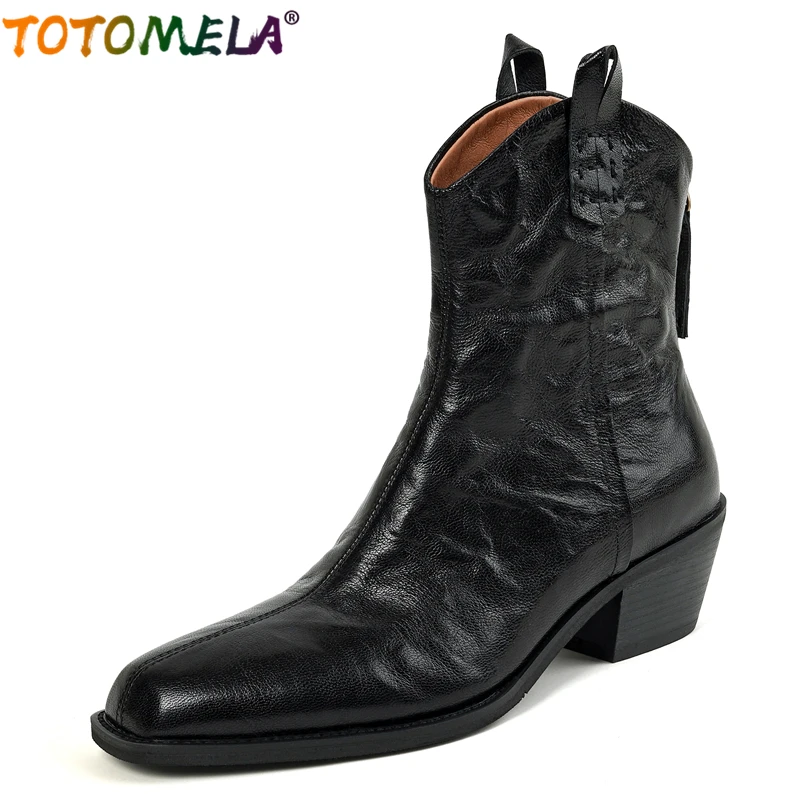 

TOTOMELA New Nature Genuine Leather Boots Women Handmade Back Zipper Ankle Boots Block Heels Brown Retro Cowboy Western Boots