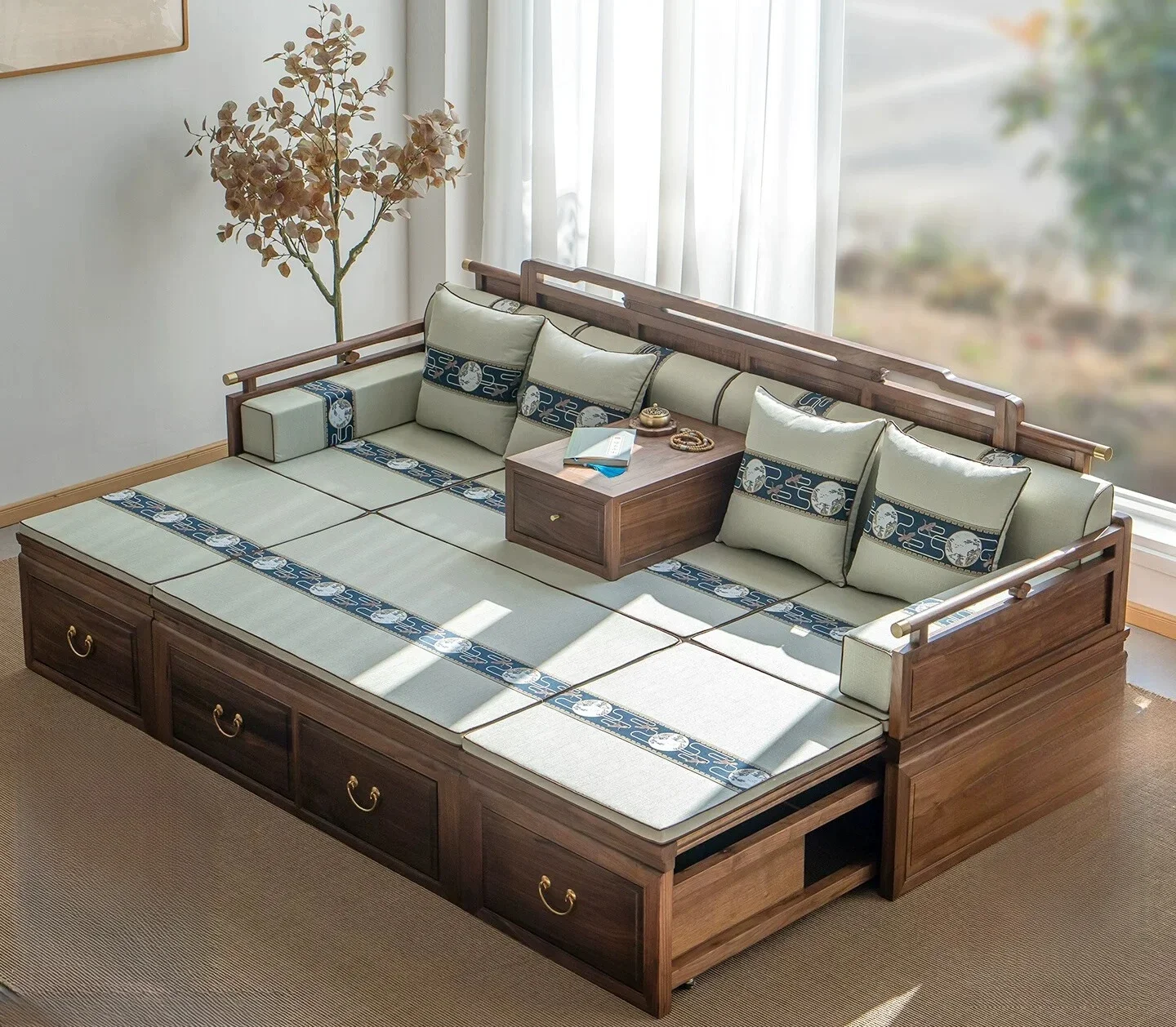 New Chinese Solid Wood Telescopic Arhat Bed Box Storage Living Room Sofa Extended Combination Bed Collapsel16