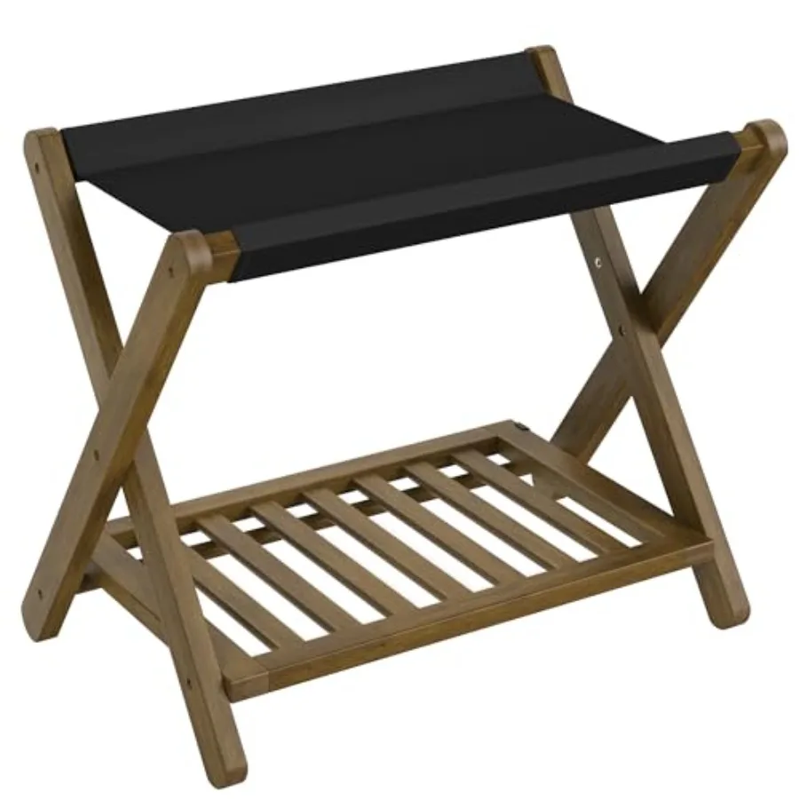 

Bamboo Luggage Rack, Foldable Suitcase Stand, Luggage Holder with Storage Shelf, PU Synthetic Leather, Fully Assembled, for Gue