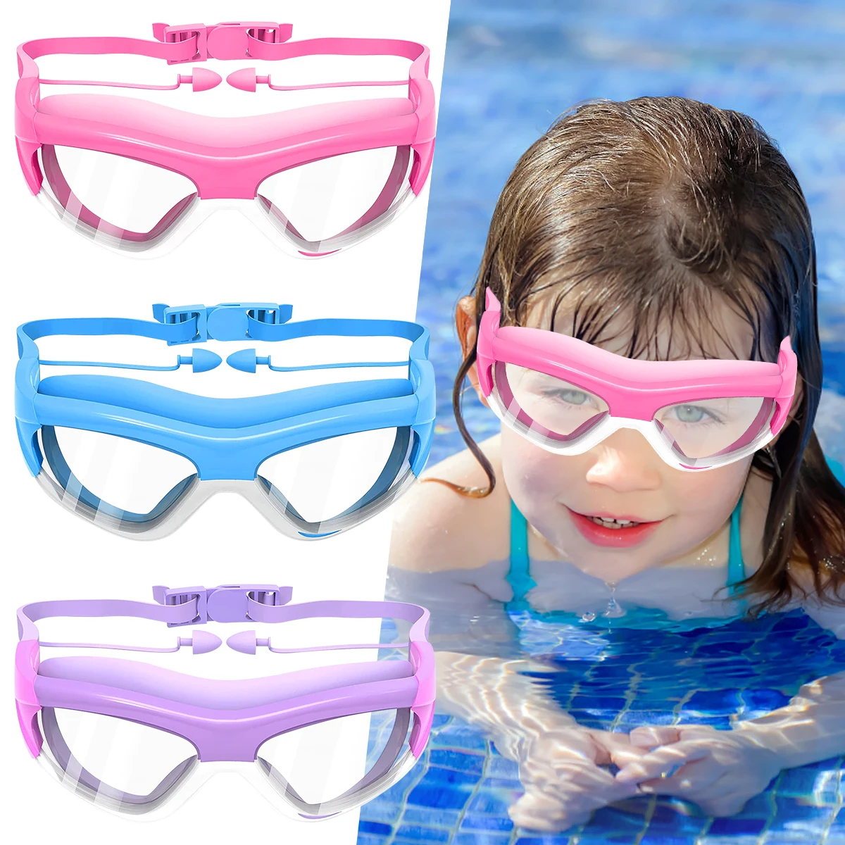 Kids Swimming Goggles Waterproof and Anti-fog HD Swimming Glasses Transparent Swimming Goggles Set with Strap Nose Clip Earplugs