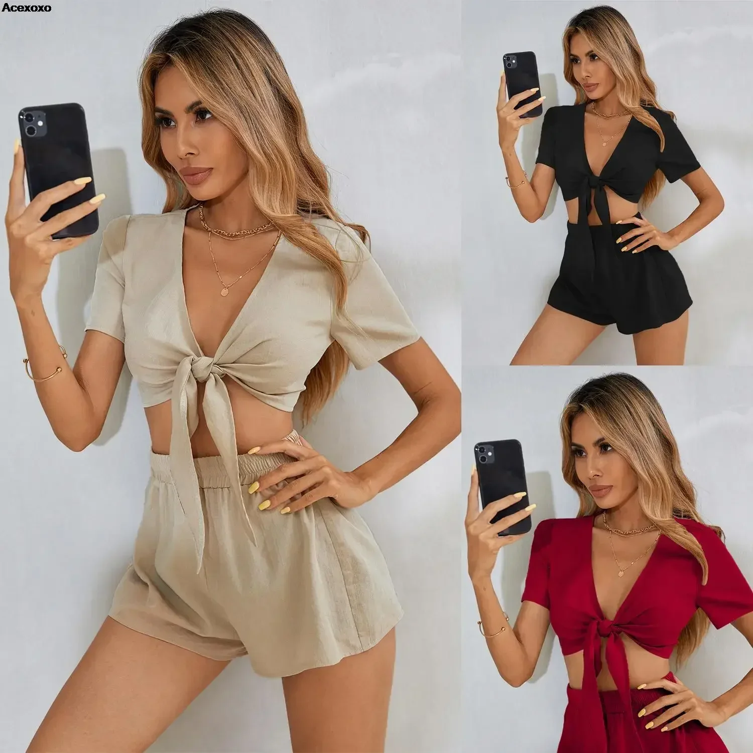 

Summer new women's fashion casual sexy slim temperament lacing low collar waist two-piece set