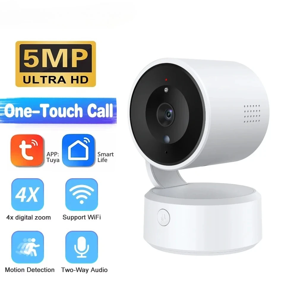5MP WiFi One-touch Call Indoor Baby Monitor WiFi PTZ Cam Auto Tracking Color Night Vision CCTV Surveillance Camera Tuya APP