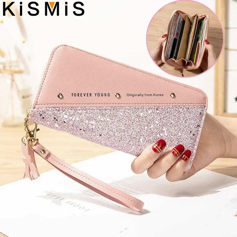 KISMIS Fashion Women's Pu Leather Long Wallets Sequins Patchwork Glitter Wallet Coin Purse Female Wallets Girls Gifts Wholesale