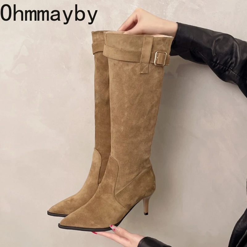 

Winter Vintage Stretch Slim Women Knee High Boots Fashion Belt Buckle Pointed Toe Stripper Party Long Booties Zapatos De Mujes