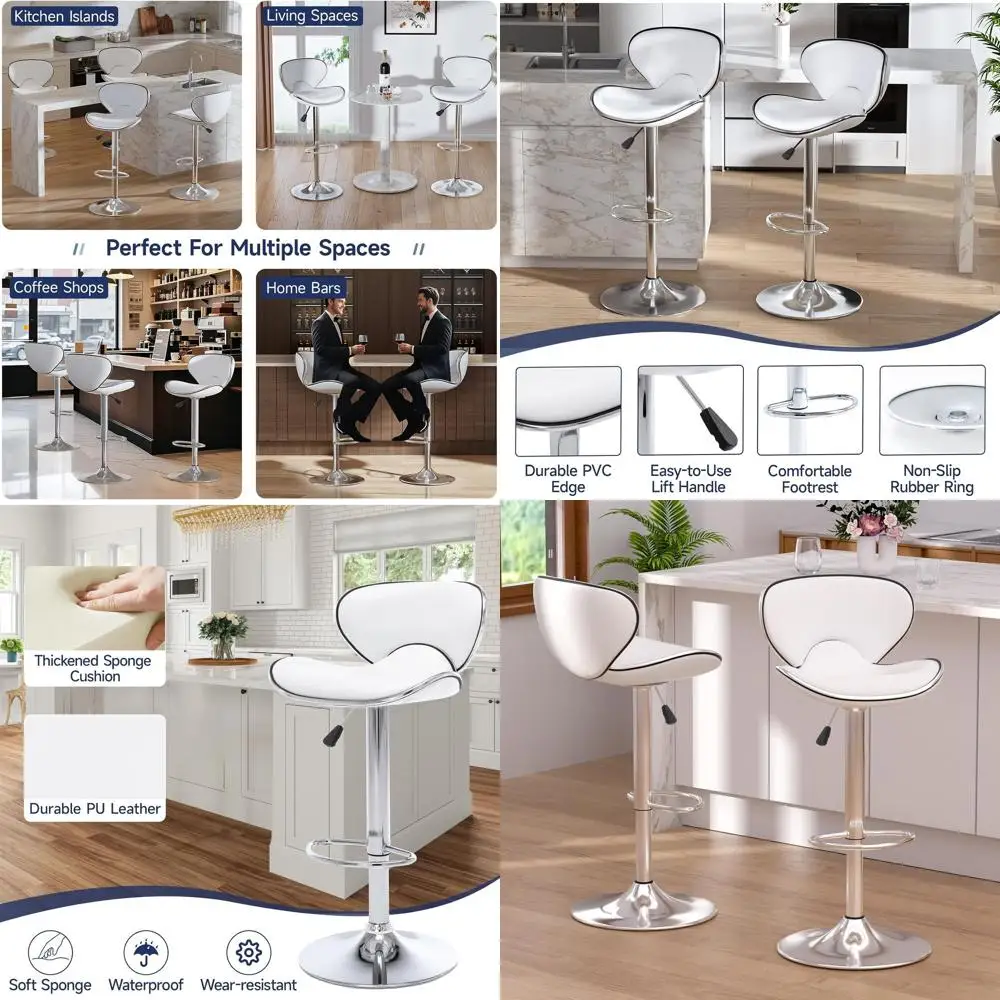 Bar Stools Set o 2, Adjustable Swivel Barstools or Kitchen Counter, ern PU Leather Counter Height Bar Chair with Back and ootres