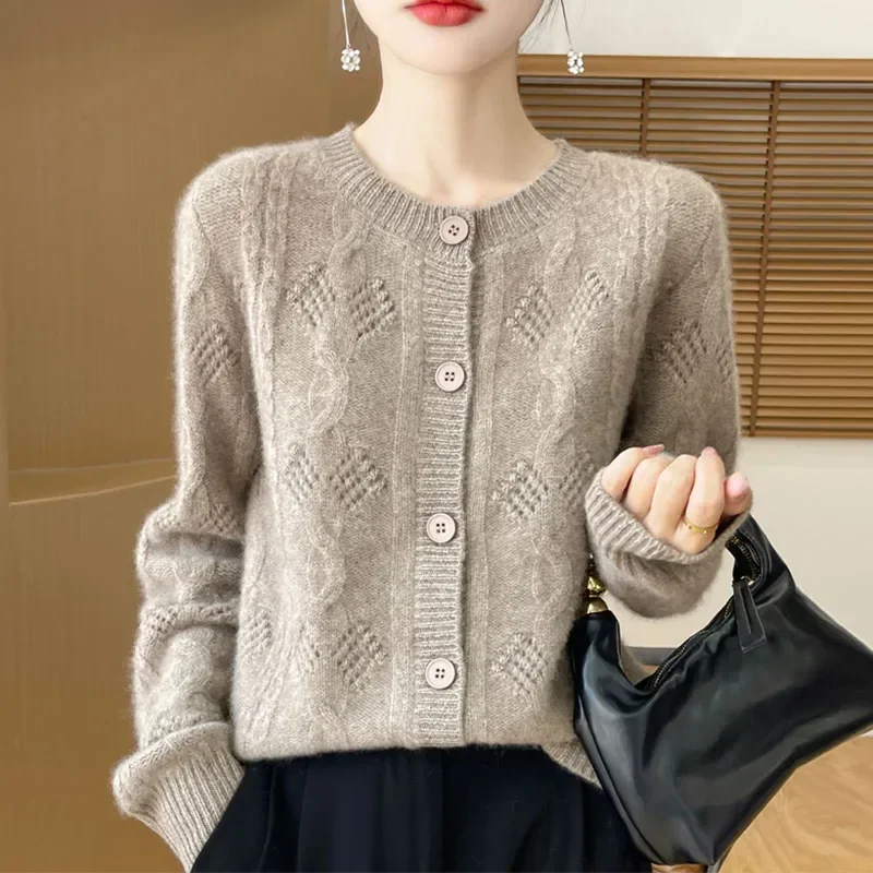 

Autumn Winter Sweater Cardigan Women Merino Wool Thickening Round Neck Pullover Loose Casual Cashmere Knitwear Long Sleeve Tops