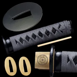 15cm Grey Tsuka For Japanese Wakizashi Tanto Katana Sword Fittings Set Steel Tsuba+Menuki+Fuchi+Kashira+Handle+Habaki+Seppa