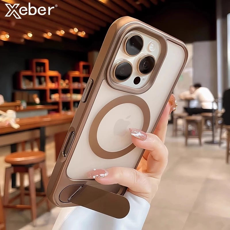 Casing Magnetik Transparan Berlapis Embun untuk iPhone 17 16 15 14 13 12 11 Pro Max dengan Penyangga Lipat untuk Magsafe, Pelindung Anti Benturan