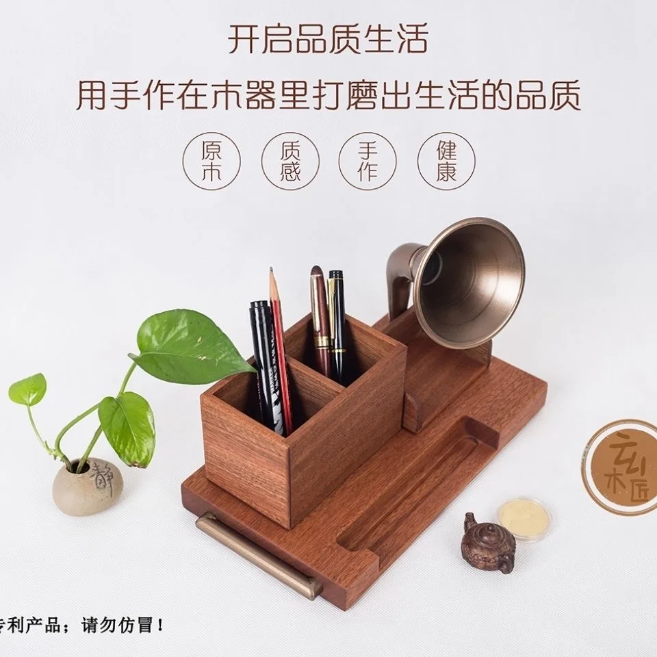 Hölzerner Shabili-Handyhalter aus massivem Holz mit Lautsprecherständer und Stifthalter