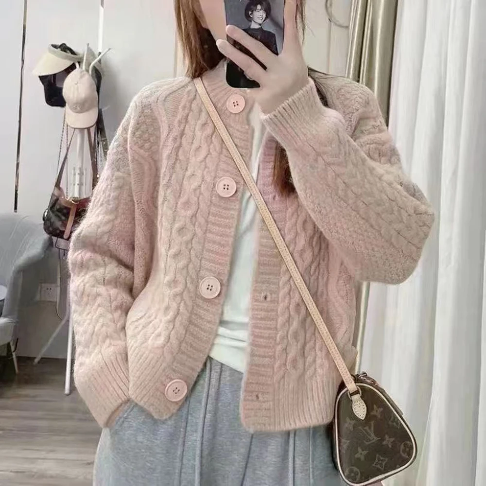 Vintage Fried Dough Twists Solid Coat Women's Short Gentle and Lazy Knitted Cardigan Fashion Sweater