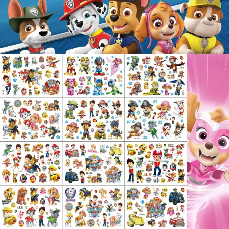 Autocollants de tatouages temporaires Paw Patrol, dessins animés, chiots, Chase, Skye, autocollants imperméables, jouets, cadeaux de fête, décorations, fournitures