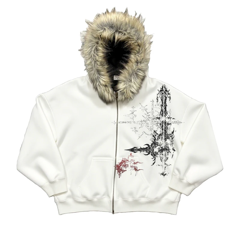 Y2k Gothic elements creative imitation plush thick warm fur collar hooded sweater lazy cardigan plush couple emo jacket