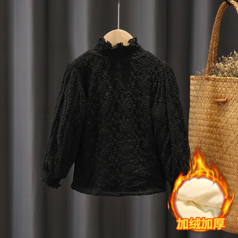 Girls Lace Padded Shirt Kids Winter Warm Thicked Long-sleeved Blouse Children Autumn High-neck Clothes Teenager Casual Pullover