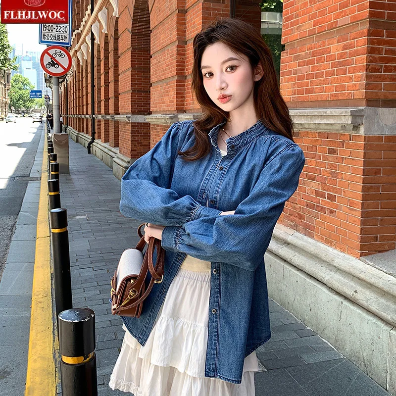 Europeu retro denim topos solto outerwear ano novo primavera feminino manga longa casual vintage gola azul jeans camisas jeans