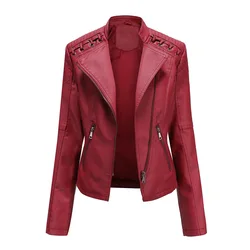 Chaqueta de cuero sintético para mujer, abrigo de motocicleta de manga larga, con cremallera, color rojo, Otoño e Invierno